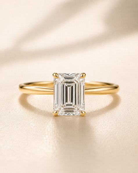 Anillo Solitario Clásico en Oro con Diamante Corte Esmeralda de Laboratorio