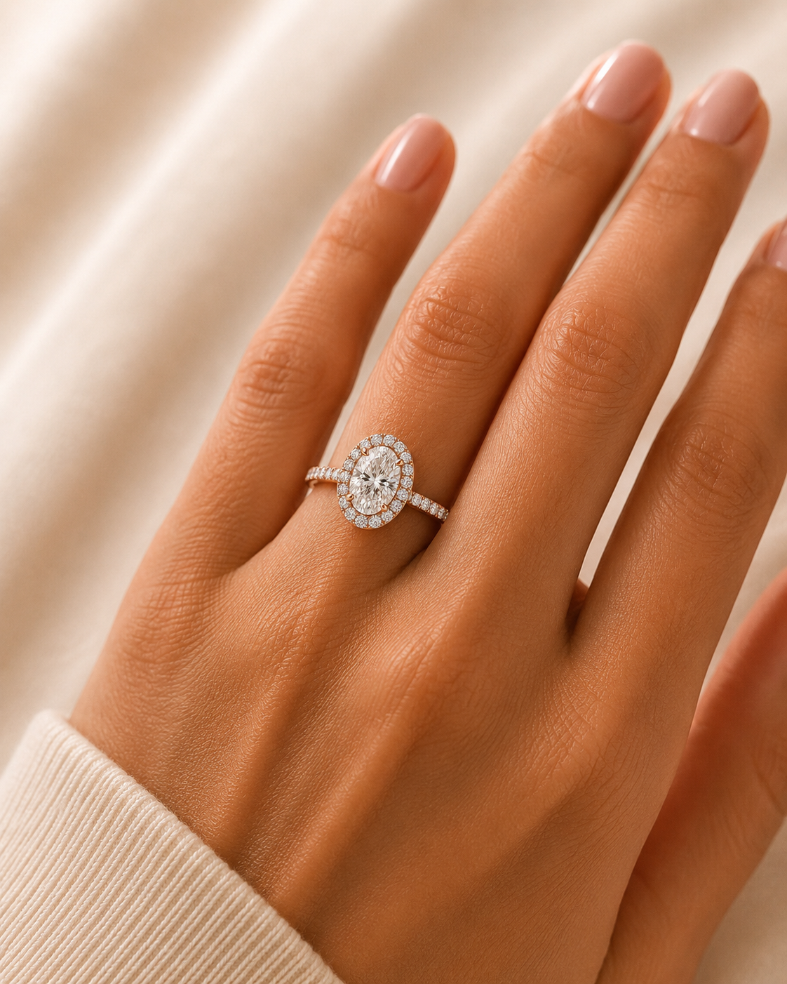 Anillo halo pavé con diamante ovalado central