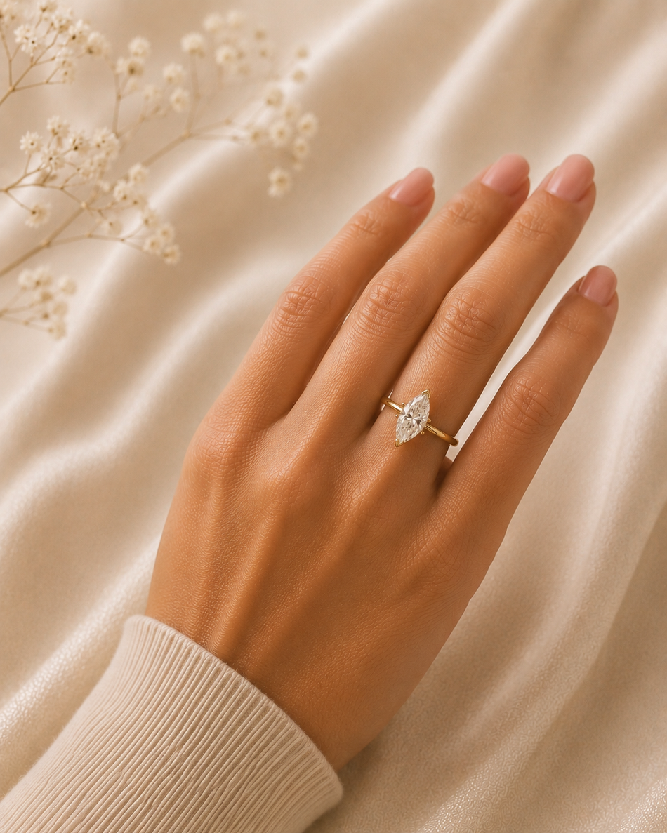 Anillo Solitario Marquise en Oro con Diamante de Laboratorio