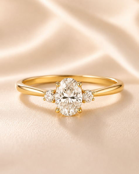 Anillo Tres Piedras en Oro con Diamante Ovalado de Laboratorio y Diamantes Naturales Laterales