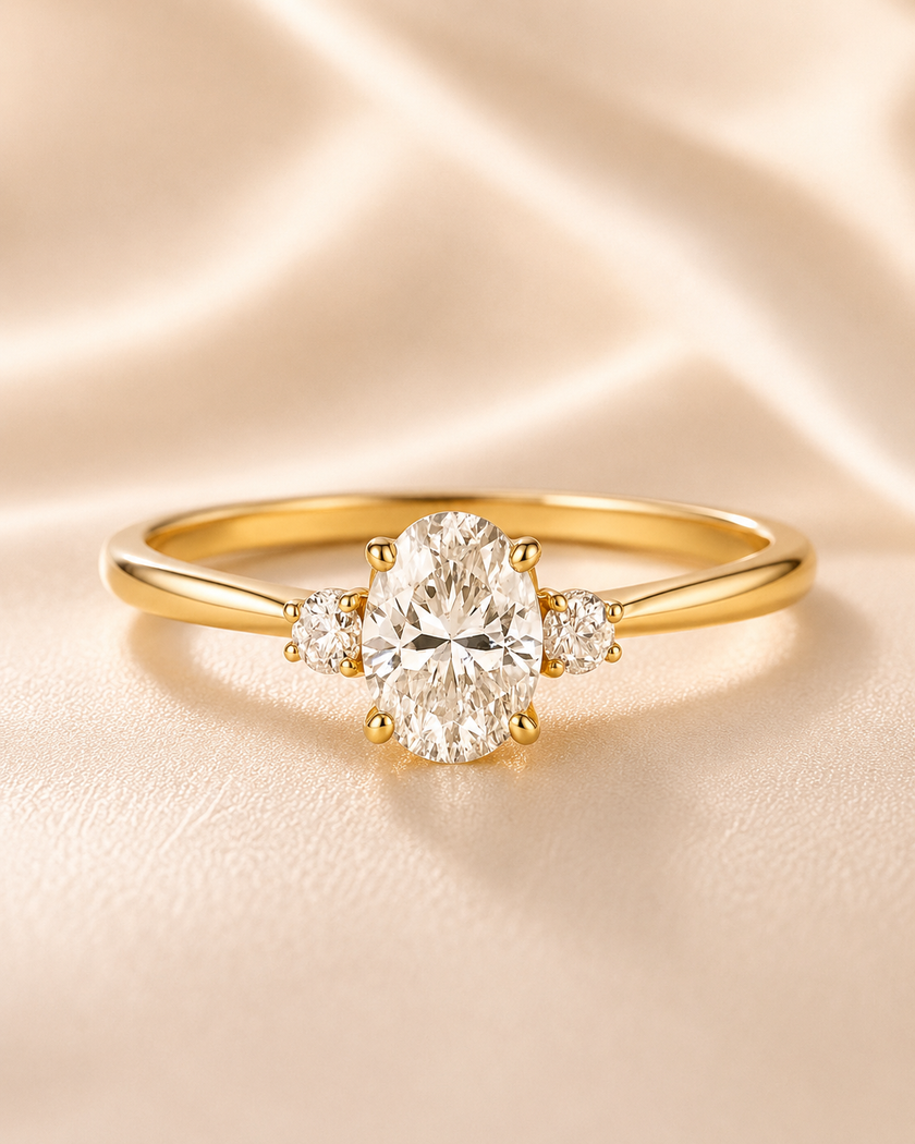 Anillo Tres Piedras en Oro con Diamante Ovalado de Laboratorio y Diamantes Naturales Laterales