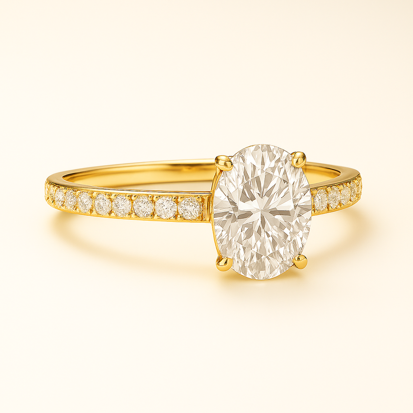 Anillo Solitario Pavé en Oro con Diamante Ovalado de Laboratorio y Diamantes Laterales Naturales