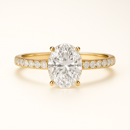 Anillo Solitario Pavé en Oro con Diamante Ovalado de Laboratorio y Diamantes Laterales Naturales
