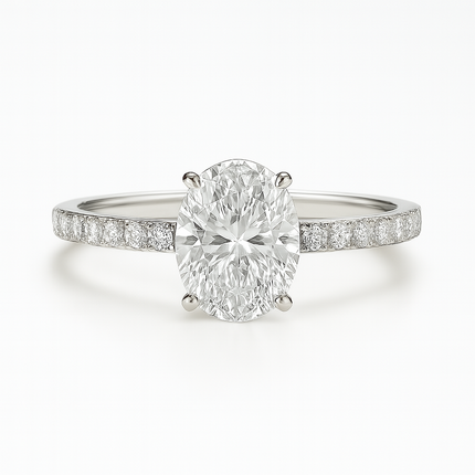 Anillo Solitario Pavé en Oro con Diamante Ovalado de Laboratorio y Diamantes Laterales Naturales