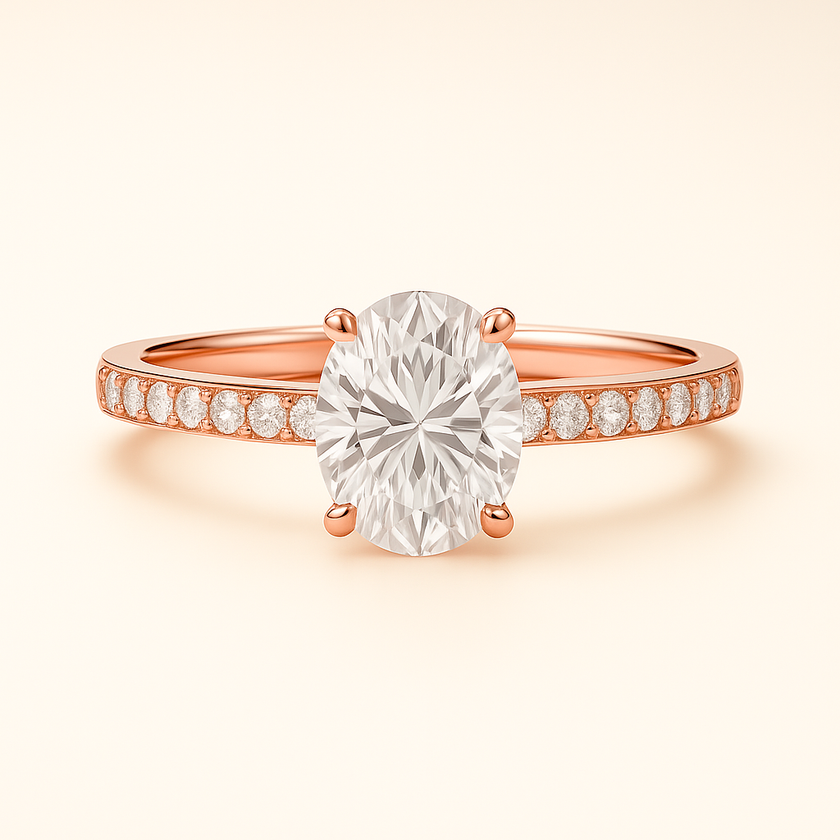 Anillo Solitario Pavé en Oro con Diamante Ovalado de Laboratorio y Diamantes Laterales Naturales