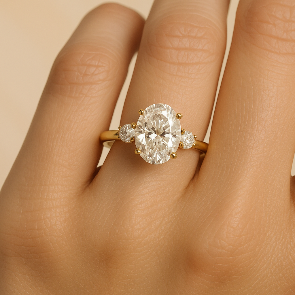 Anillo Tres Piedras en Oro con Diamante Ovalado de Laboratorio y Diamantes Naturales Laterales