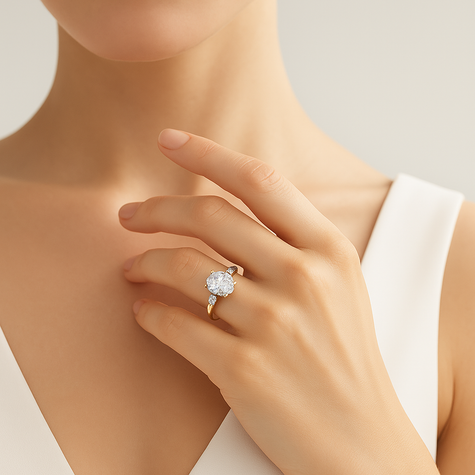 Anillo Tres Piedras en Oro con Diamante Ovalado de Laboratorio y Diamantes Naturales Laterales