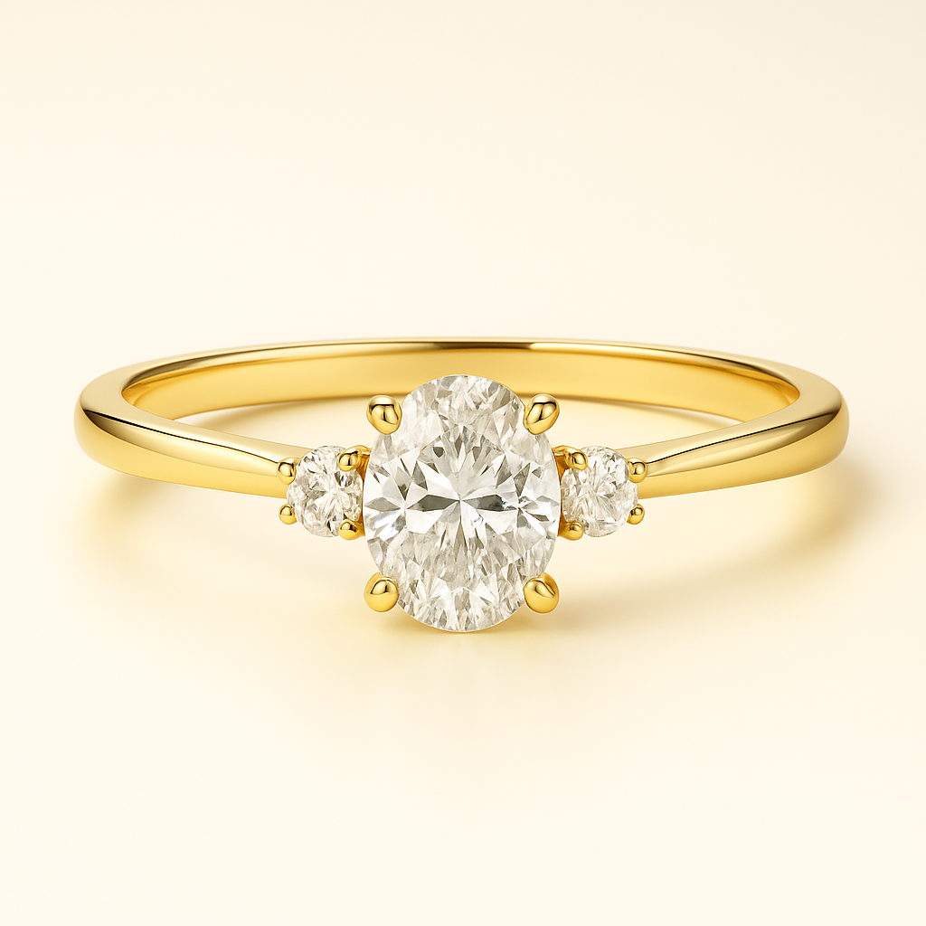 Anillo Tres Piedras en Oro con Diamante Ovalado de Laboratorio y Diamantes Naturales Laterales