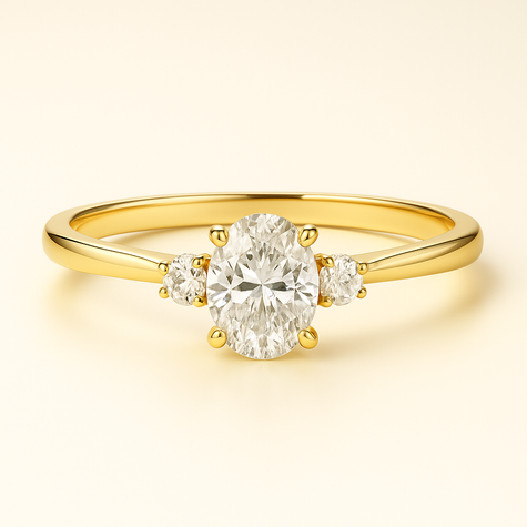 Anillo Tres Piedras en Oro con Diamante Ovalado de Laboratorio y Diamantes Naturales Laterales