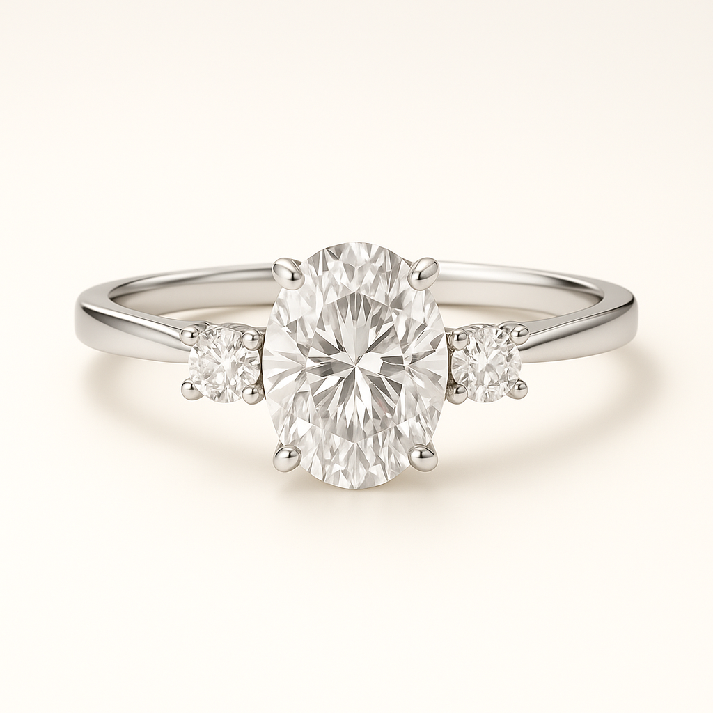 Anillo Tres Piedras en Oro con Diamante Ovalado de Laboratorio y Diamantes Naturales Laterales