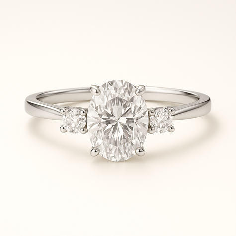 Anillo Tres Piedras en Oro con Diamante Ovalado de Laboratorio y Diamantes Naturales Laterales