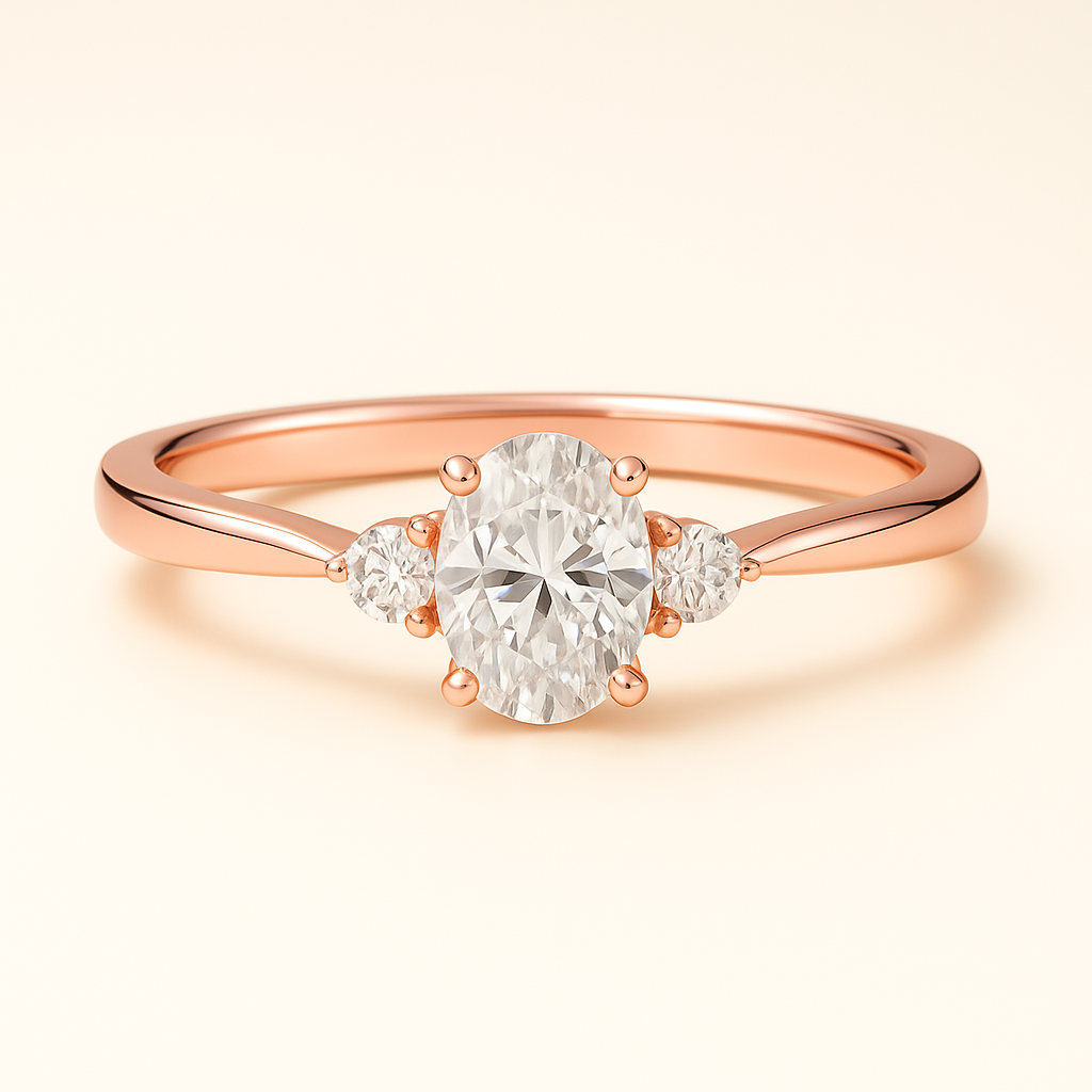 Anillo Tres Piedras en Oro con Diamante Ovalado de Laboratorio y Diamantes Naturales Laterales