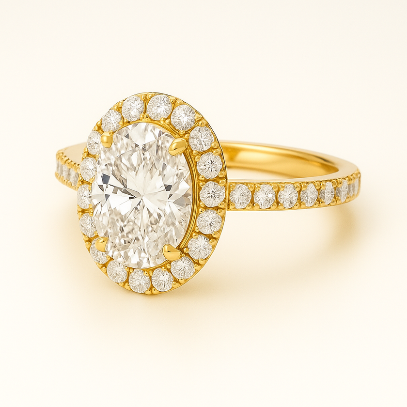 Anillo halo pavé con diamante ovalado central