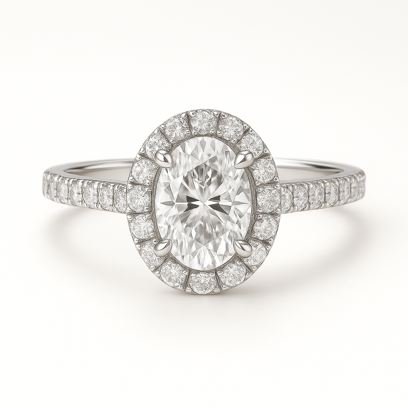 Anillo halo pavé con diamante ovalado central