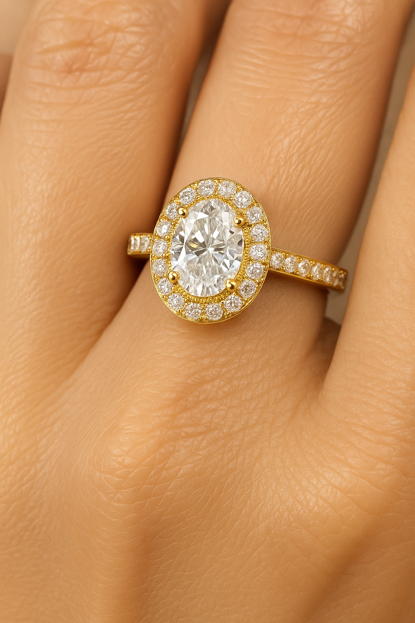 Anillo halo pavé con diamante ovalado central