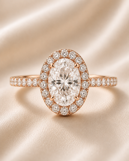 Anillo halo pavé con diamante ovalado central