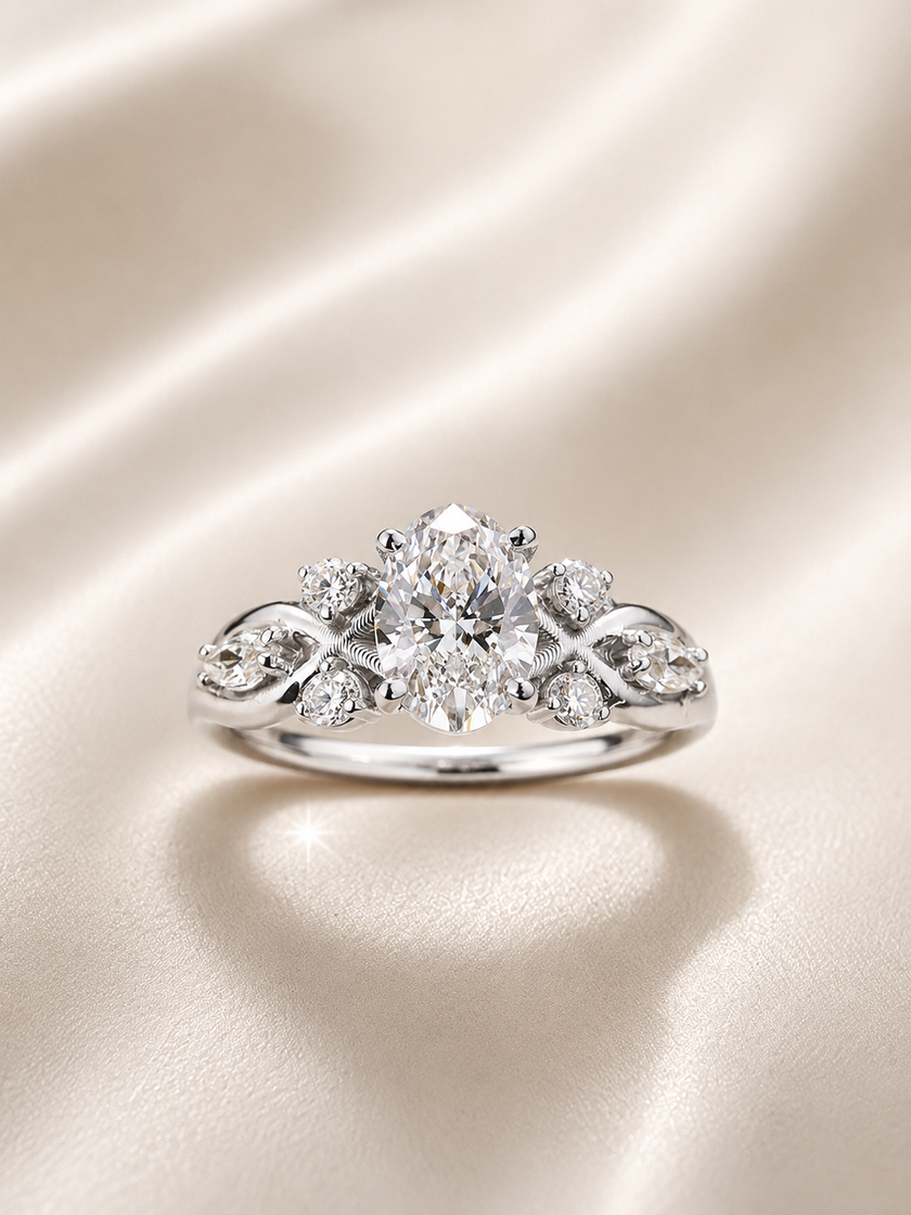 Anillo de compromiso corte oval con diamantes laterales