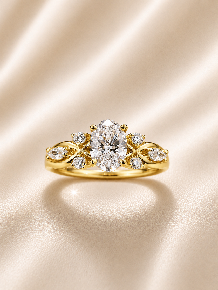 Anillo de compromiso corte oval con diamantes laterales