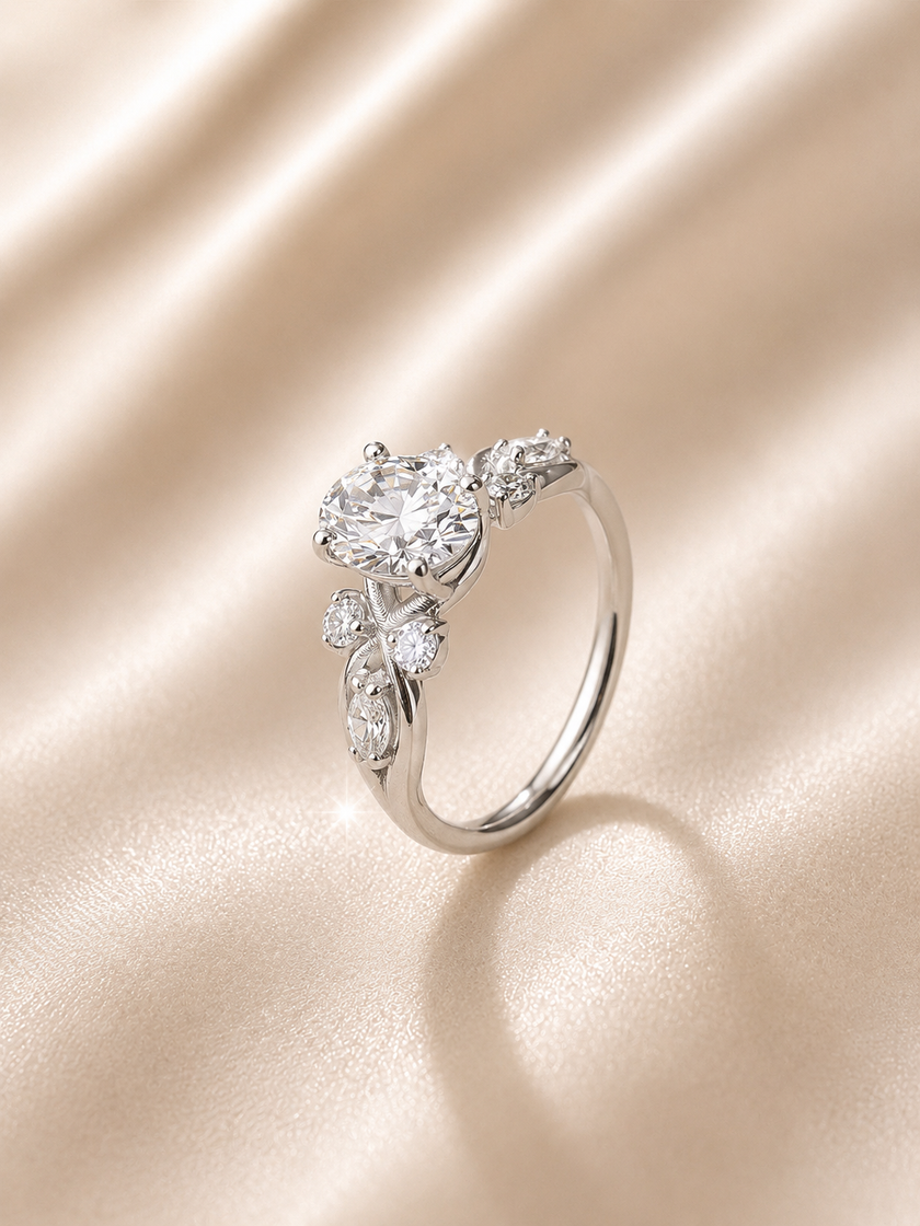 Anillo de compromiso corte oval con diamantes laterales