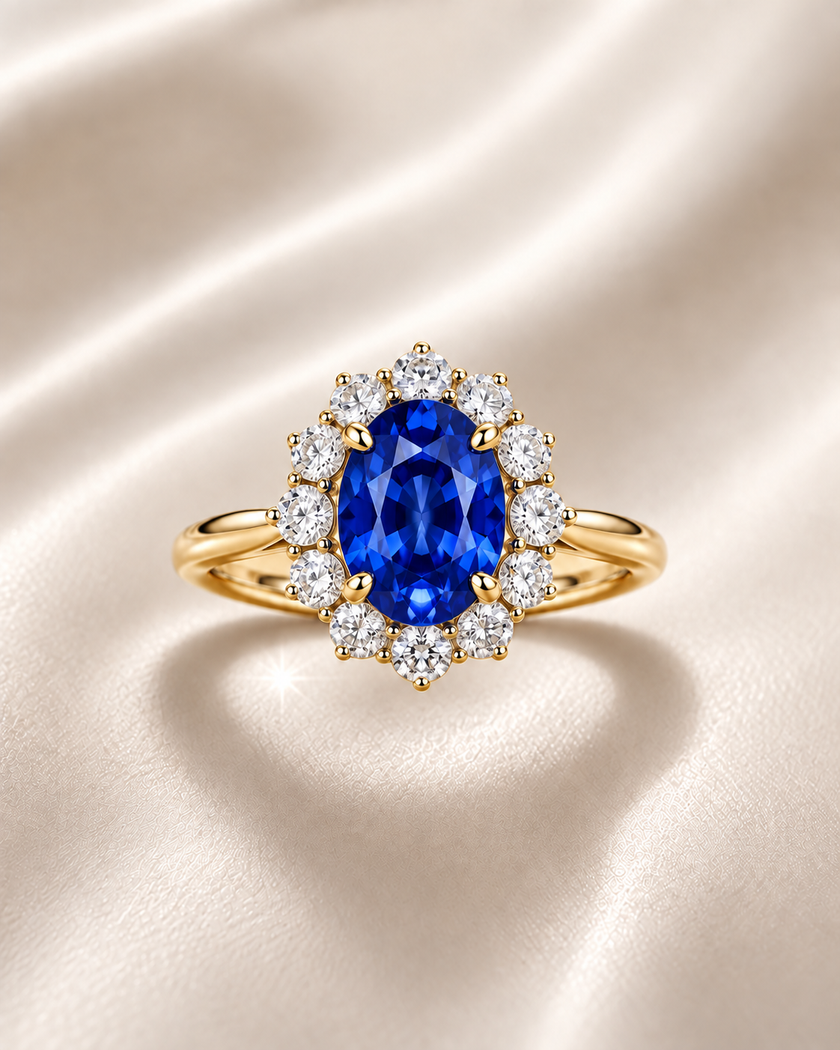 Anillo estilo Lady Diana en oro con zafiro y diamantes de laboratorio