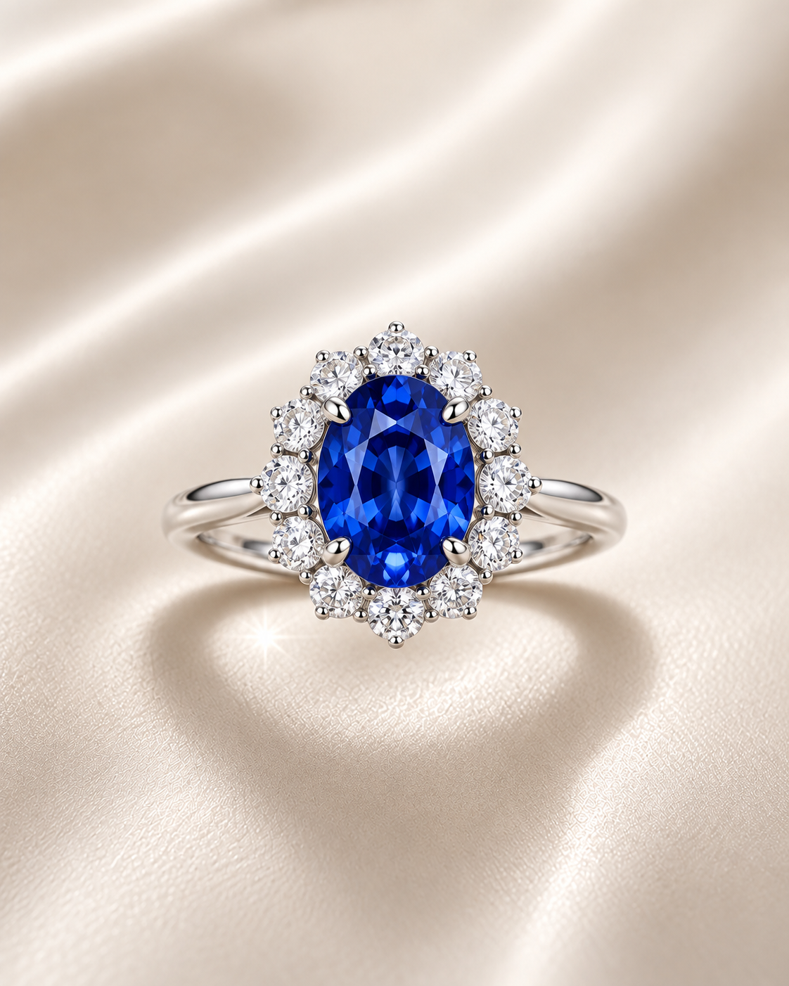 Anillo estilo Lady Diana en oro con zafiro y diamantes de laboratorio